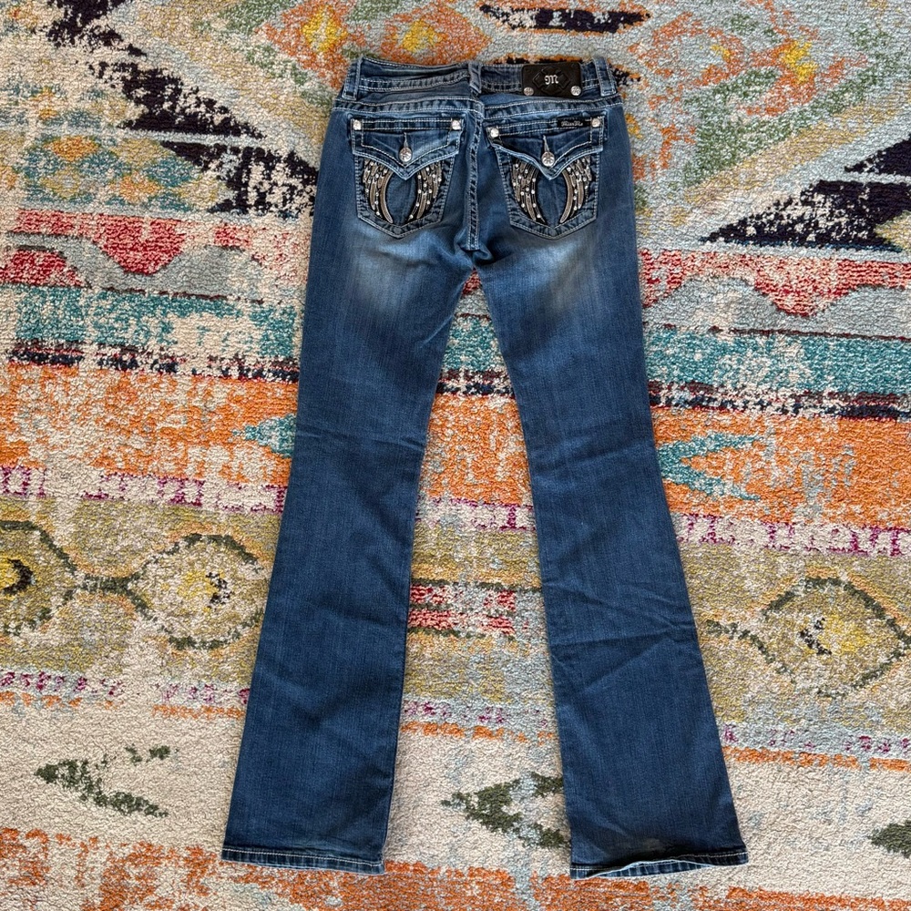 Miss Me Angel Wing Rhinestone Flap Pocket Bootcut Jeans - Picture 3 of 11